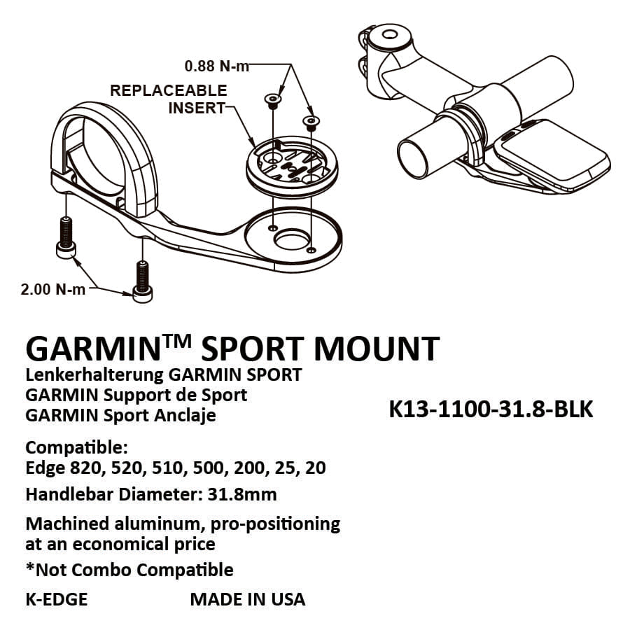 K-EDGE GARMIN SPORT MOUNT 31.8MM, BLACK ANODIZE *Opened Package