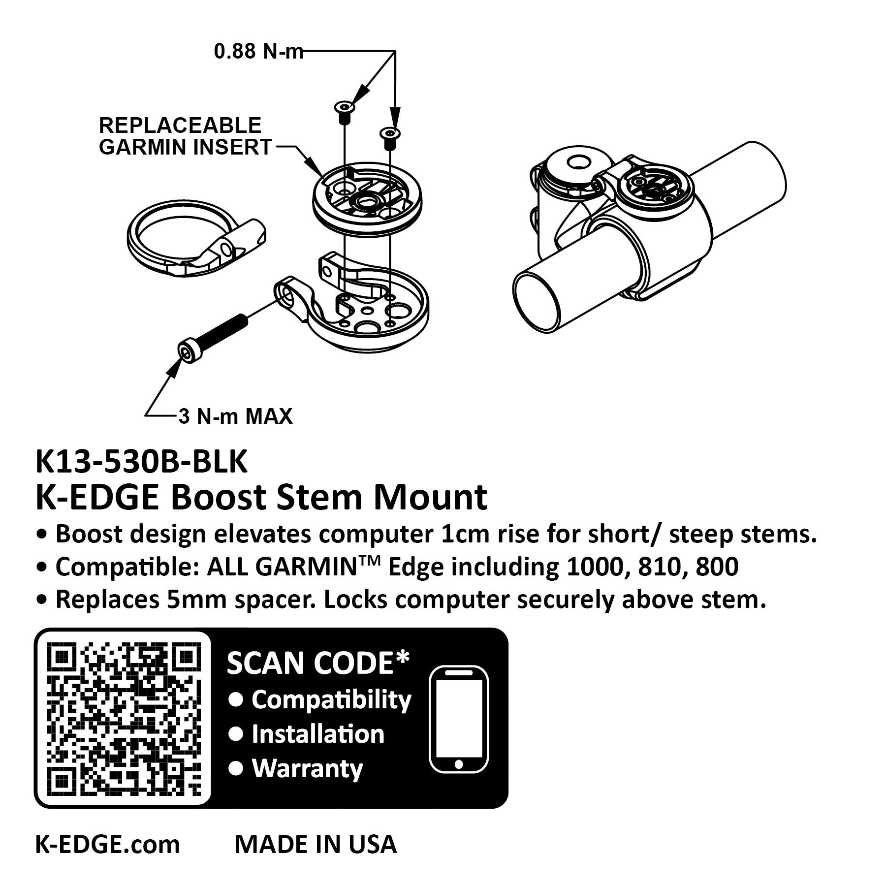 K-EDGE 530B GARMIN Boost Stem Mount, Adjustable, Black Anodize
